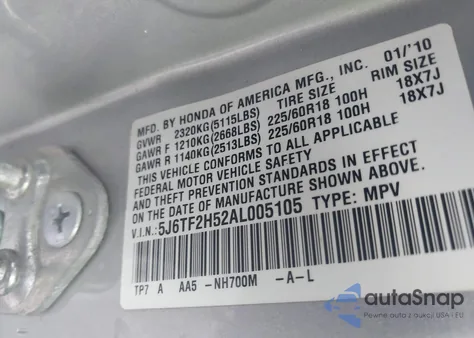 2010 Honda Accord Crosstour Ex-L from USA, damaged, VIN 5J6TF2H52AL005105